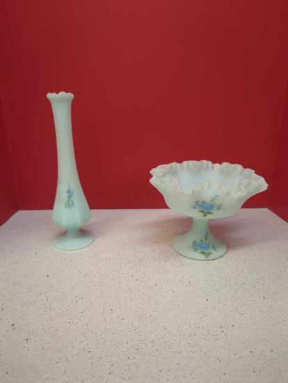 Fenton Blue Satin with blue rose hand painted and signed compote and vase