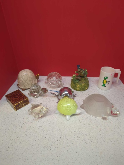 Turtle lot- trinket boxes, cup, bank, music box, glass art and more