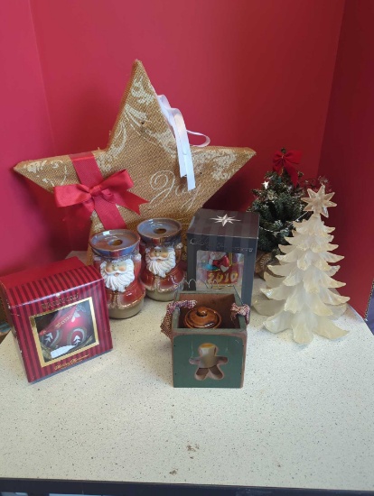 Christmas decorations-- Waterford ornament in box, Radio ornament in box, Santa candle holders,
