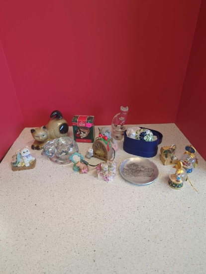 cat figurines-- dansk and Brazil, ornaments Hallmark, Avon, Wendell august forge, night light and