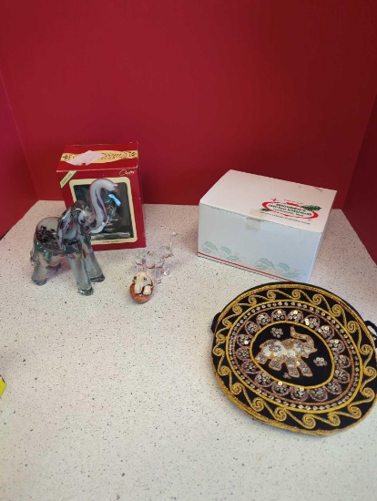 Elephants-- ornaments, 2 art glass, signed sculpture elephant in shell