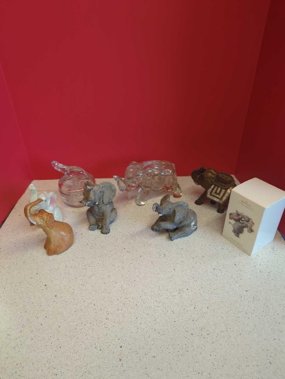 Elephants-- figurines, Hallmark Ornament, 2 glass trinket boxes