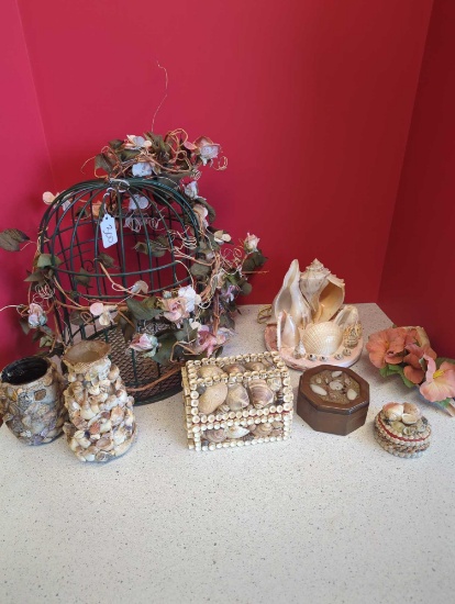 Vintage Shell Decor, light, trinket boxes, vases, bird cage