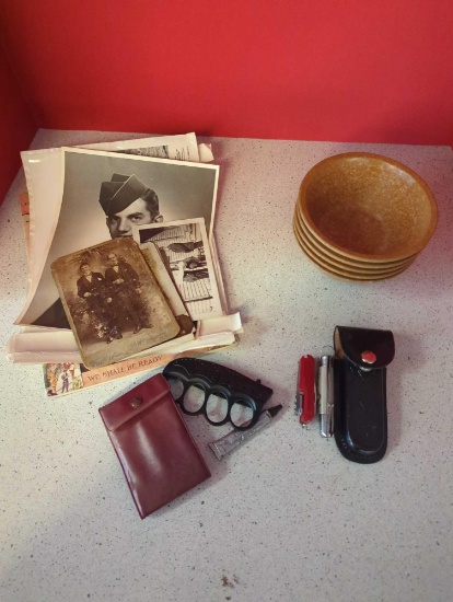 knives, photos, American legion, 5 1960 US Army bowls, etc.