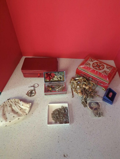 Jewelry, trinket boxes, necklaces, small purses