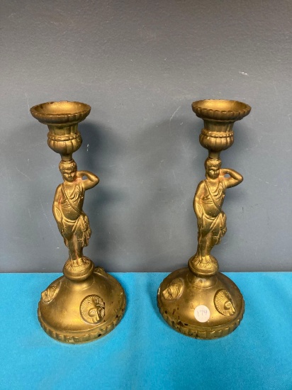 Vintage brass metal Egyptian revival candleholders