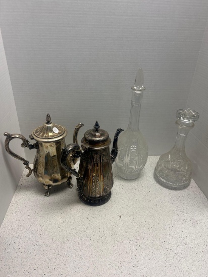 vintage metal coffee pots and glass decanters