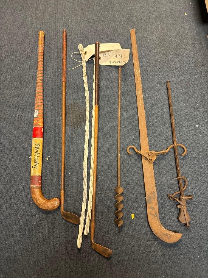 Wood shaft golf clubs lightning rods hockey stick vintage commercial scale iron pieces