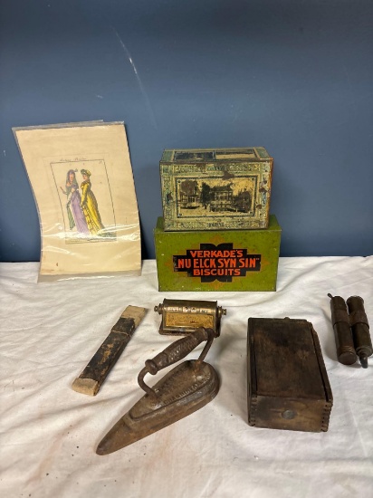 handheld kerosene torch vintage tins calendar sad iron straight razor