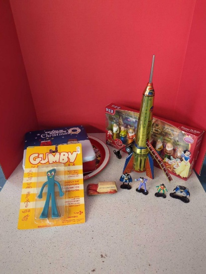 vintage toys NOS unopened, metal batman figurines, rocket, coca cola tray, gumby
