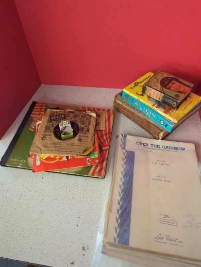 vintage sheet music, 45 DECCS records, books-- Tom Sawyer, Lennon sisters