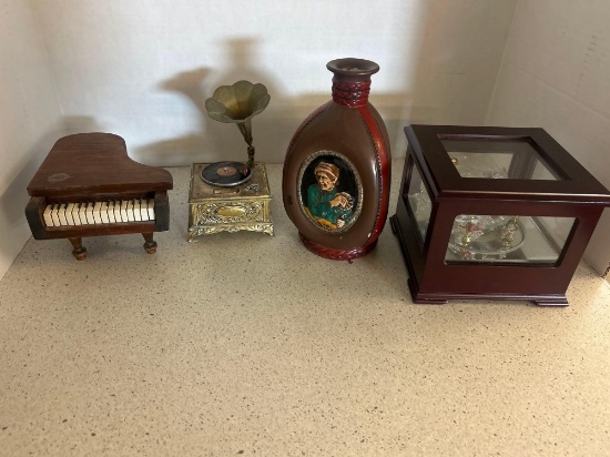 antique mini paino and juke box, bottle, and glass carousel box