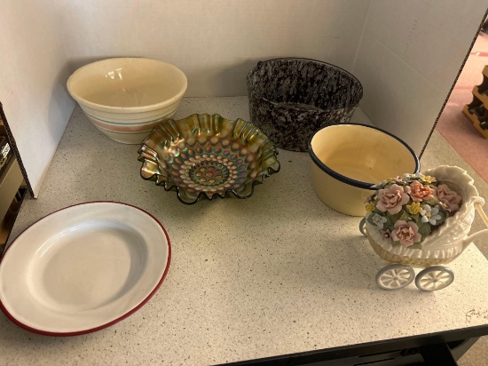porcelain flower basket, ceramic bowls, Fenton carnival glass dish