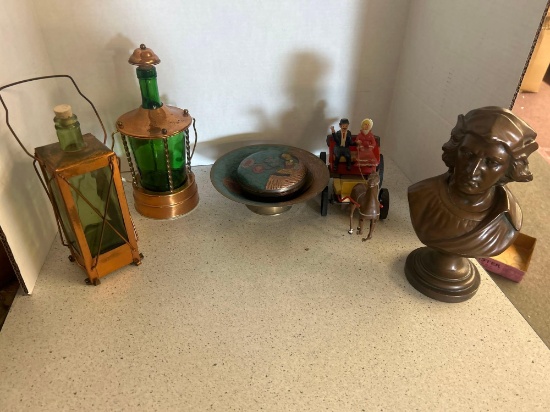 brass lanterns, brass Japanese dish, plastic horse carriage, and antique sculpture