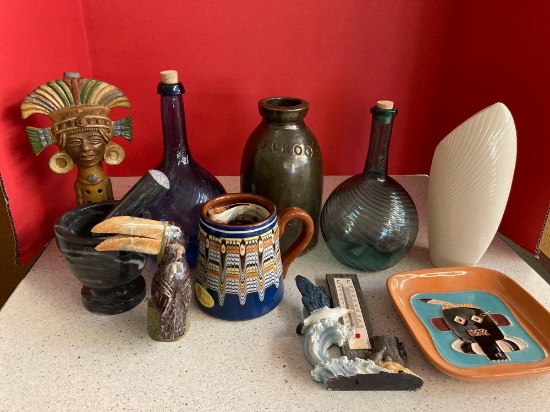 Belleek vase Pottery some Native American mortar and pestle more