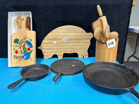 Wood kitchen items cast-iron cookware