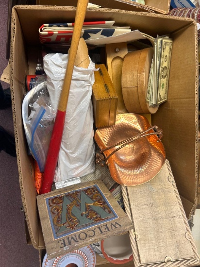 copper basket, honorary money, wooden boxes, milk tops, cassette, Indians bat, welcome display, etc