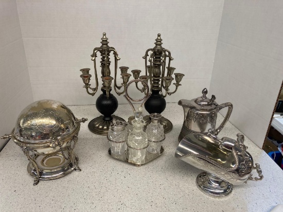 Silver pewter candelabra egg coddles condiment set sugar holder creamer