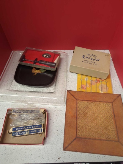 vintage BBQ skewers NOS, trivet hot plate, the dinkie handy knives in boxes, revolving tray, corky