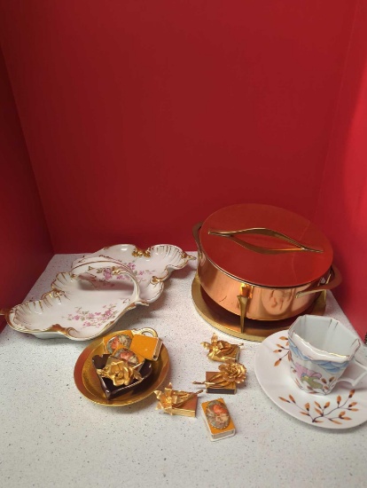 trinket tray with handle, cup and saucer, match cases ornate, cup and saucer, hot plate