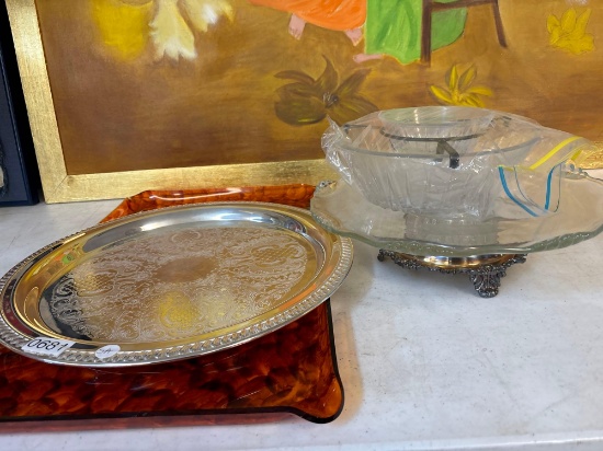 Silver plate and glass serving pieces