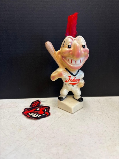 Cleveland Indians chief wahoo ceramic statue with rare red feather wahoo patch