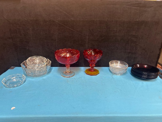 Indiana changing glass, crystal glass bowls and dark red plates