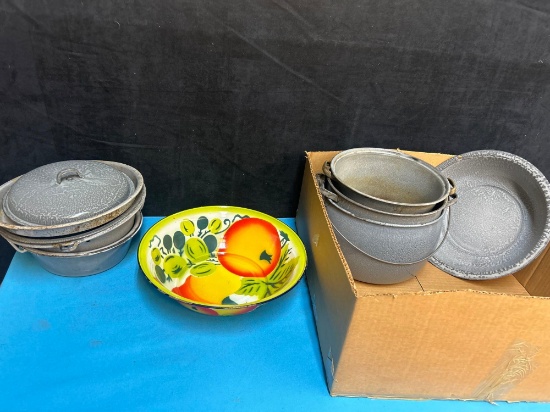 antique granite enamel ware and fruit bowl