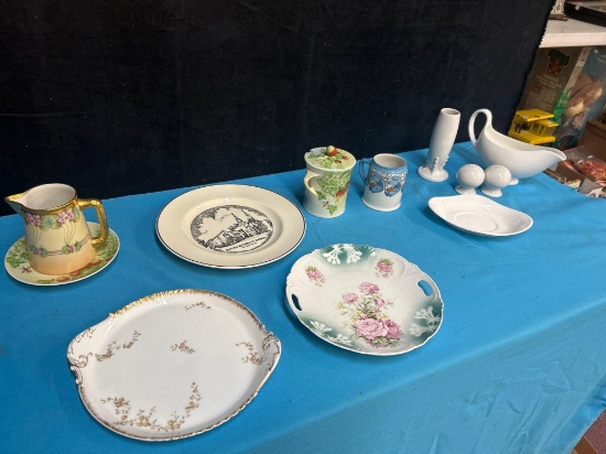 porcelain and china plates, saucers, teacup, cup, salt and pepper, etc