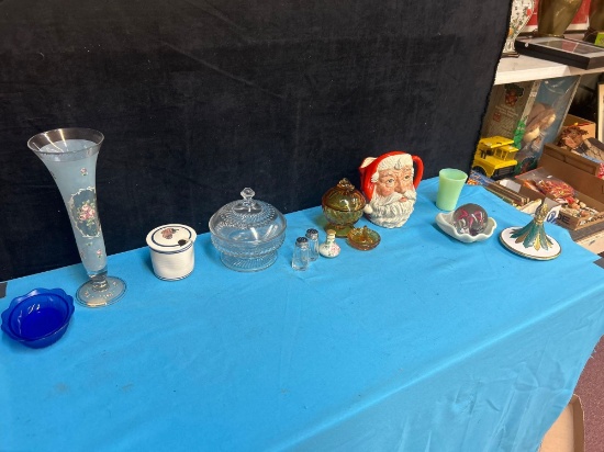 cobalt glass, amber glass, glass plant orb, Santa mug, green glass cup, salt and pepper, etc