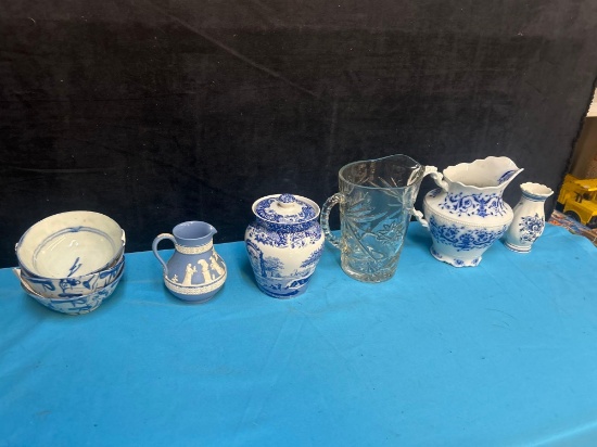 1880's flow blue water pitcher Wedgwood pitcher, Spode Italian porcelain pot, clear glass pitcher,