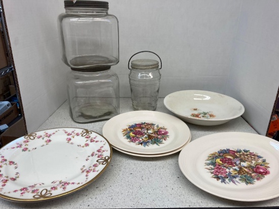 Two vintage glass cracker jars glass jar with lids and handle plates