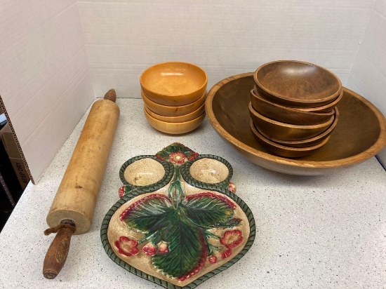 Teak salad bowl set wood bowls and rolling pin decorative trivet