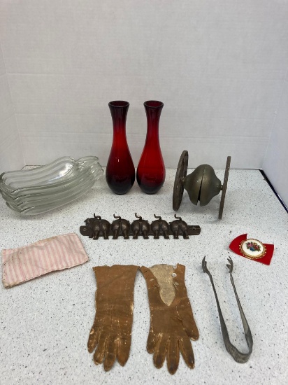 Red glass vases Victorian child leather gloves more