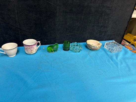 teacups, frog art glass, Indiana glass, emerald glass, and crystal