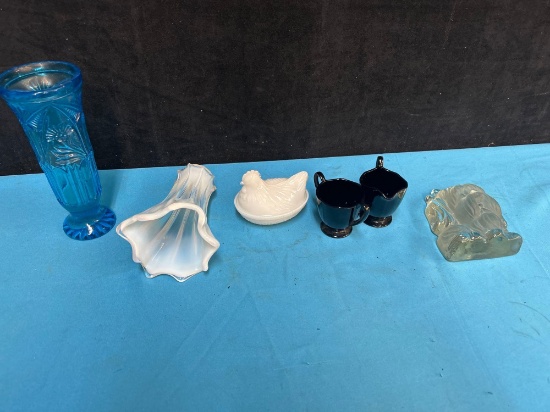 cobalt and Fenton glass, glass dog figure, etc
