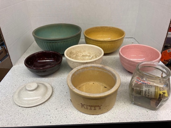 5 crock bowls 1 cat bowl