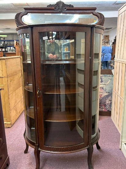 antique oak curved glass mirrored curio cabinet