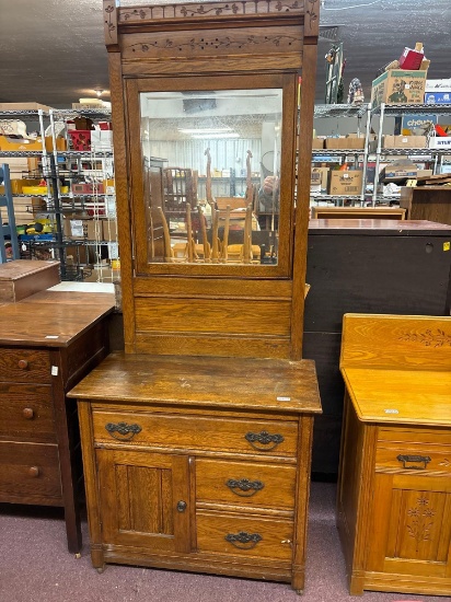 Antique oak washstand with mirror