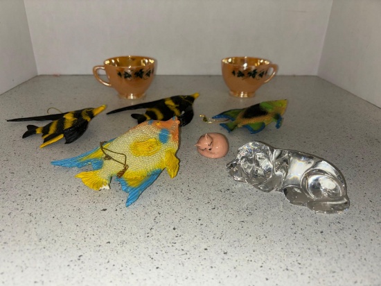 anchor hocking peach luster fish ornaments napping cat and dog figurine