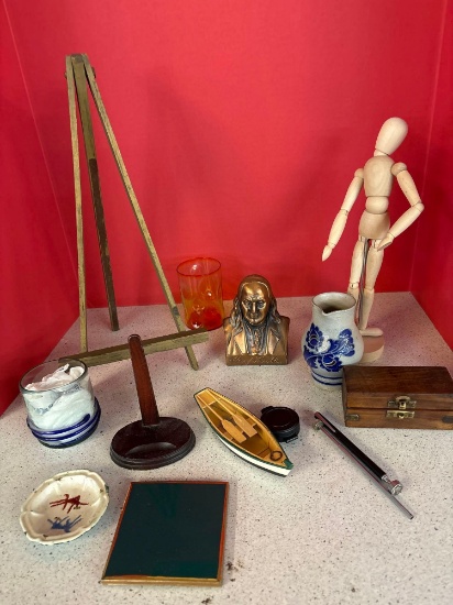 miniature easel bendable wood man Ben Franklin bust wood box boat tile etc.