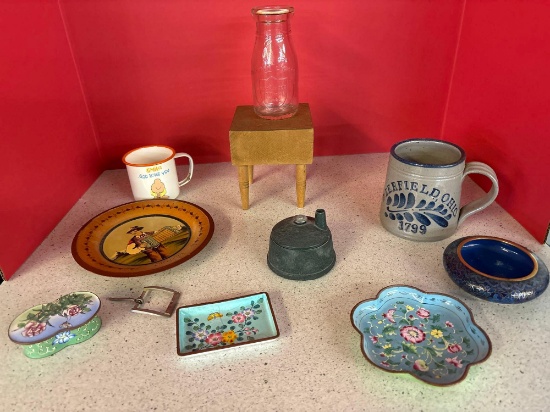 miniature butcher block Deerfield Ohio cup enamelware wood plate