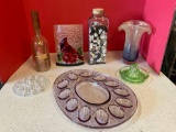 Purple glass egg plate green depression juicer glass frog buttons