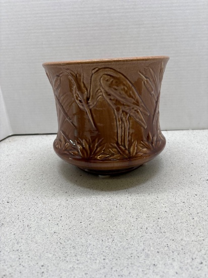 stoneware Jardinere with egrets and cat tails