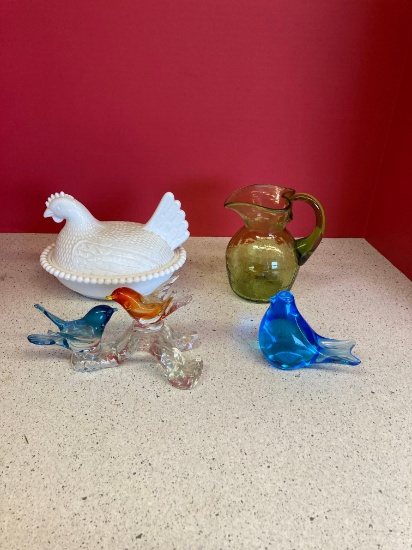 Milk glass hen on nest Murano glass birds crackle glass vase blue glass bird