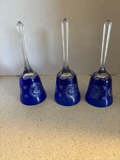 three cobalt glass cut crystal bells