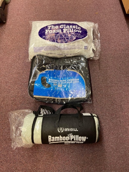 New foam pillow new beaded seat cushion and new bamboo pillow queen