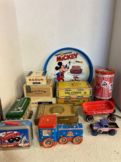 Cigar boxes Mickey Mouse items a tray tins mini lunchboxes and a Minnie mouse dress