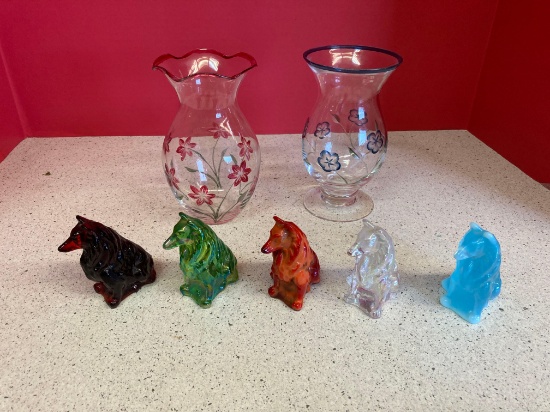 5 Mosser glass dogs collies and two glass vases