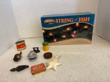 vintage miniature objects three boxes string of fish lights